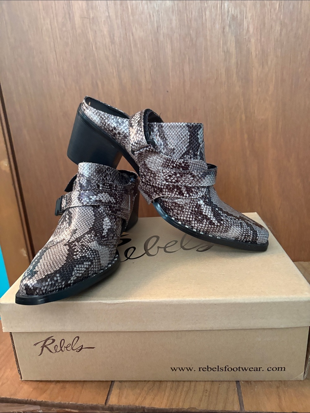 rebels Brown Snakeskin Mule Heels with Buckle Strap
